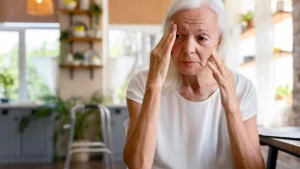 Grandmother with Alzheimer's sitting thoughtfully, highlighting concerns about aluminum and Alzheimer's.