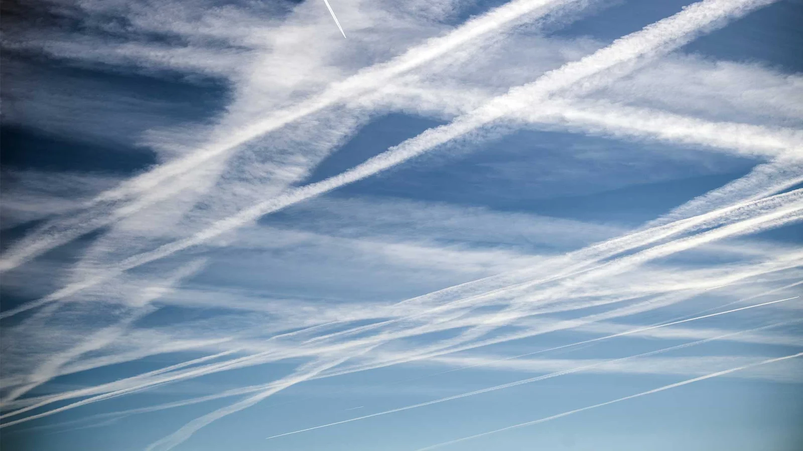 White vapor trails in a bright blue sky, raising questions about aluminum in the atmosphere.